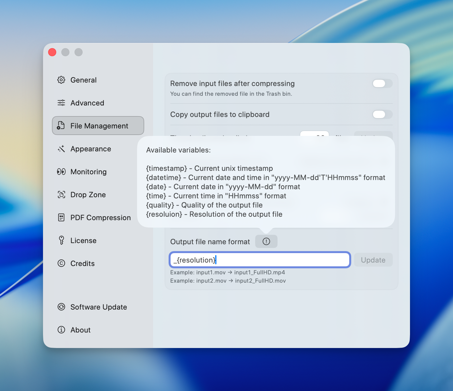 resolution param for output filename format
